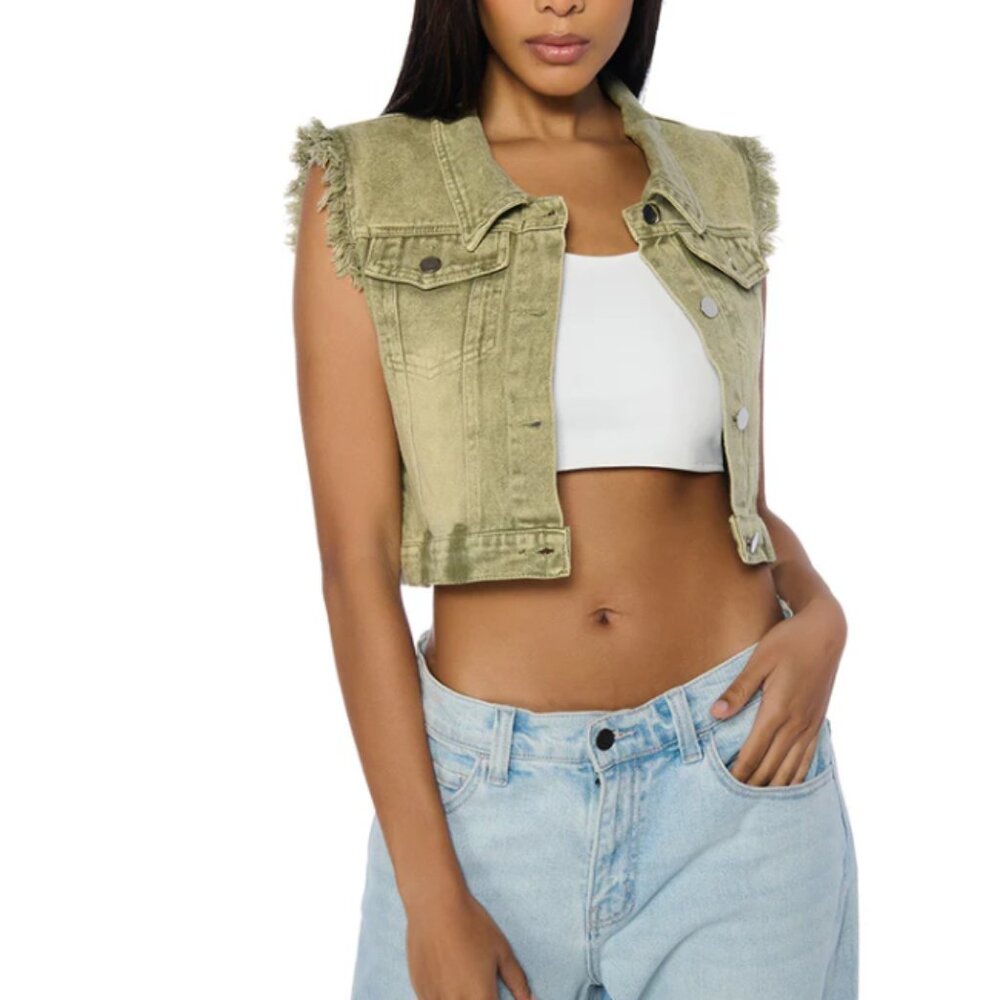 Callie Lives Miz Stone Washed AKIRA Olive Denim Crop Vest S M L XL - Picture 7 of 7